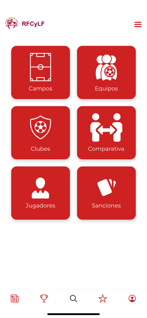 Main menu screen of the RFCYLF app showing options for fields teams clubs comparison players and sanctions