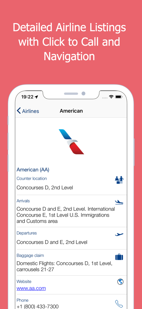 MIA Airport Official - MIA空港公式アプリ、アメリカン航空のカウンターの場所と到着情報が表示されている画面
