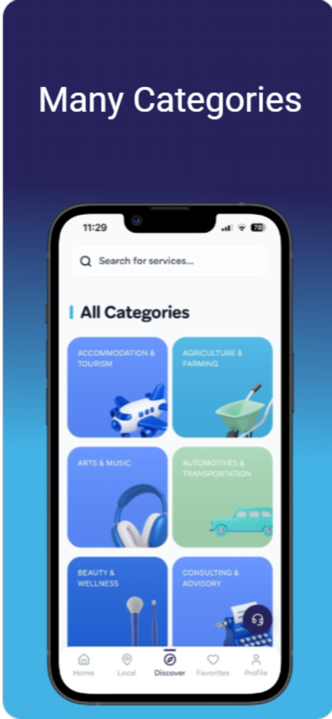 Qarib : Connect & Grow - Screenshot of the Qarib app Discover screen displaying service categories like Tourism, Agriculture, and Arts.