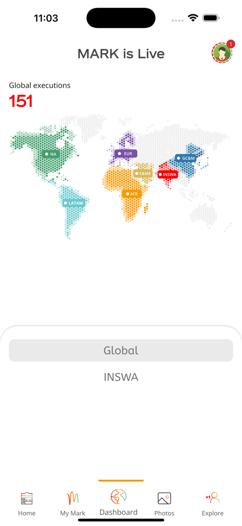 KO MARK - KO MARKアプリのダッシュボード。世界地図が表示され、さまざまな地域でのリアルタイムのグローバル市場実行が示されています。