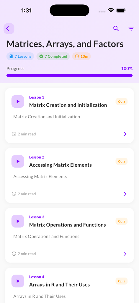 Learn R Programming: AI Tutor - Interface of the Learn R Programming app showing a list of lessons for the Matrices and Arrays module with progress tracking