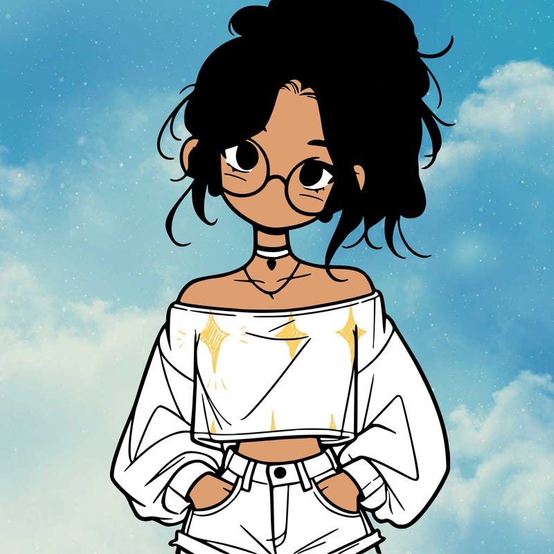 girl with a messy ponytail glasses a baggy crop top and jean shorts