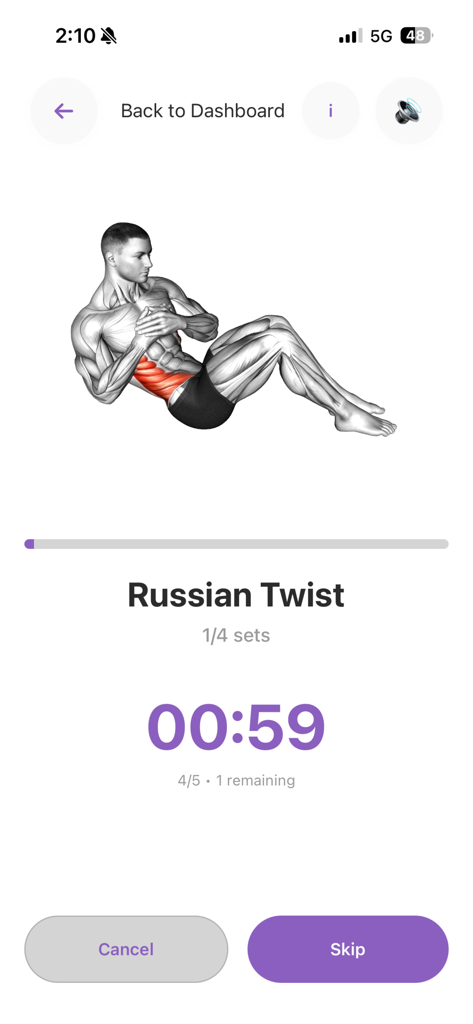 Home workout app: No Equipment - Interfaz de aplicación móvil que muestra una animación del ejercicio Russian Twist con temporizador y resaltado de músculos