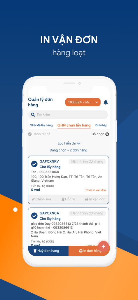 GHN app screen for managing and bulk printing delivery labels for ecommerce orders