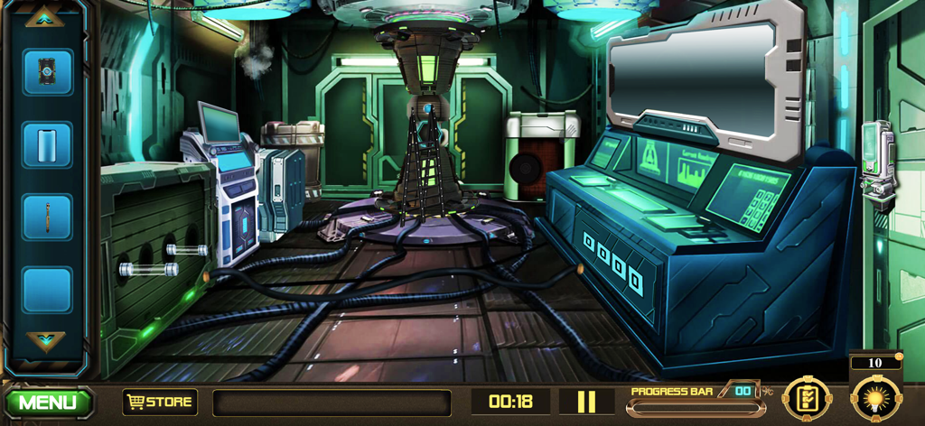 Escape Mystery - Alien Impact - A futuristic sci-fi laboratory with control panels and glowing screens in a point-and-click escape game