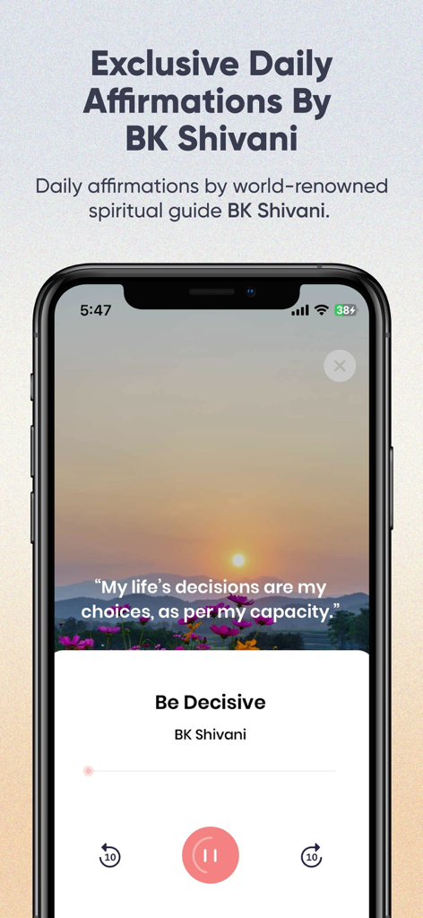 ThinkRight: Meditation & Sleep - A mobile screen from the ThinkRight app displaying a daily affirmation by spiritual guide BK Shivani with a sunrise landscape background.