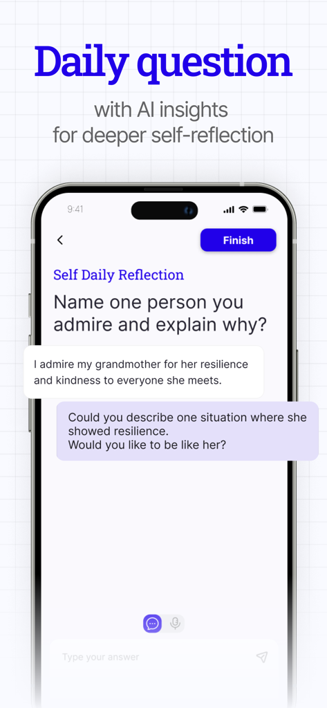 Daily Journal: ULY - Smartphone screen showing a daily self-reflection question with AI follow-up prompts in the ULY journal app.