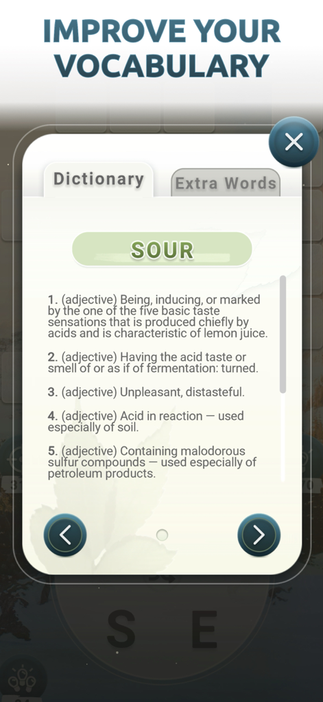Word Connect - Words of Nature - Capture d'écran de l'application Word Connect montrant une fenêtre contextuelle de dictionnaire avec la définition du mot 'sour' pour améliorer le vocabulaire.