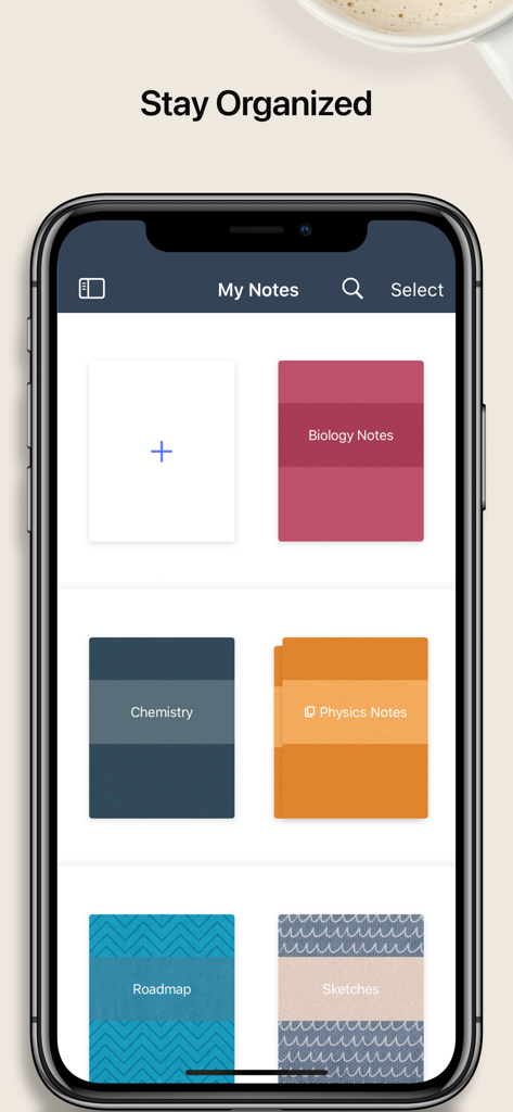 Noteshelf 2 app library view showing organized digital notebooks for Biology, Chemistry, and Physics on an iPhone.