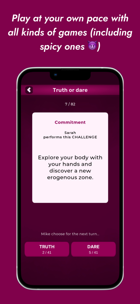 Un smartphone mostrando un desafío de reto picante en la app Juego de Amor para parejas