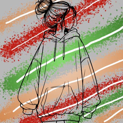 realistic girl with a oversized sweatshirt on and a bun