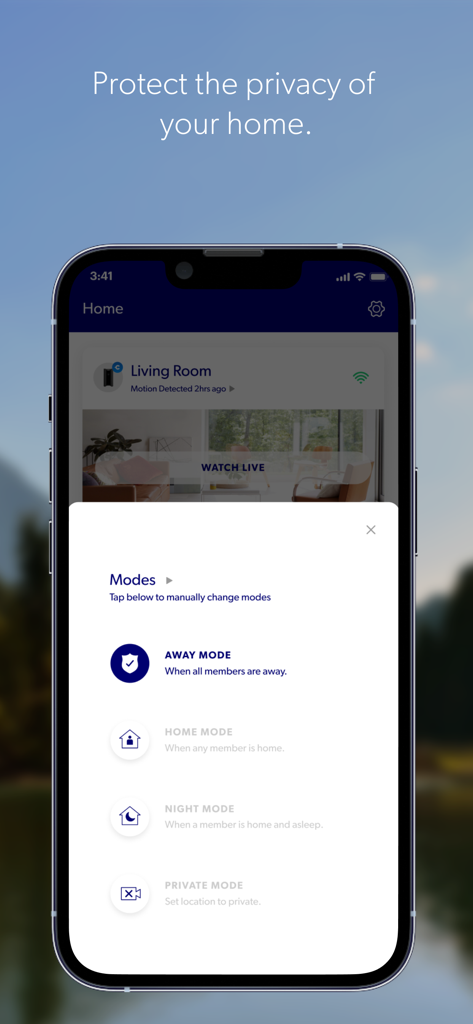 Canary - Smart Home Security - Smartphone-Bildschirm mit den Sicherheitsmodi der Canary App wie Abwesend, Zuhause, Nacht und Privat.