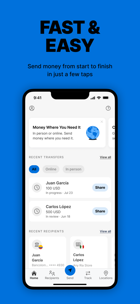 Walmart2Walmart - Home screen of the Walmart2Walmart app showing recent money transfers and recipients
