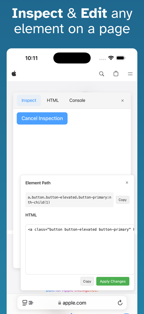 Web Inspector for Safari - Web Inspector for Safari interface showing element path and HTML code editing on an iPhone