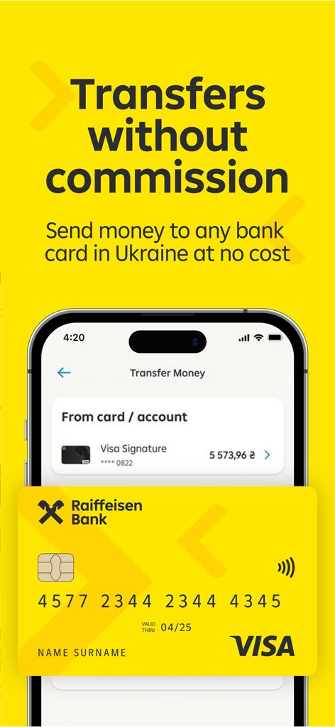 MyRaif app screen showing commission free money transfers to Ukrainian bank cards