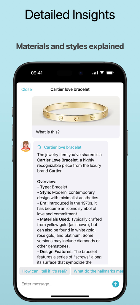 Jewelry Identifier - AI Scan - AI jewelry scan providing detailed insights and history for a gold Cartier bracelet