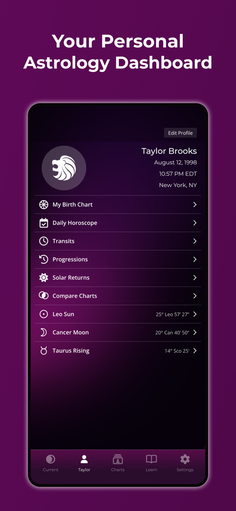TimePassages Astrology - El panel de astrología personal de la aplicación TimePassages que muestra el perfil de un usuario con carta natal, horóscopo diario y posiciones planetarias.