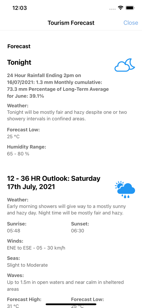 TT Met Office - Tourism weather forecast screen showing conditions for Trinidad and Tobago
