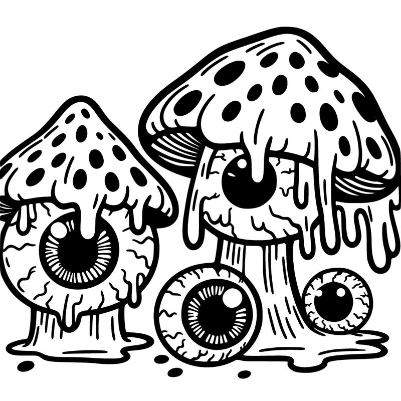 large trippy melting mushrooms, large eyeballs melting