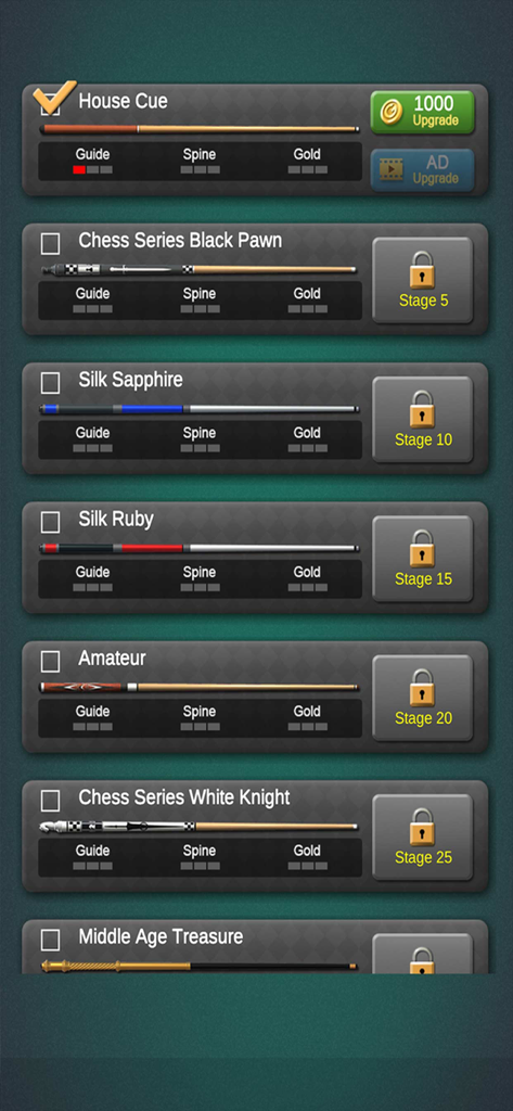 Pro Billiards 3balls 4balls - A selection menu of billiard cue sticks with various stats and unlock requirements