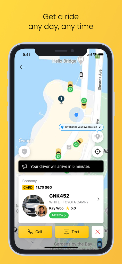 TADA – Ride Hailing - A mobile interface of the TADA app showing a map with available rides and driver details in Singapore