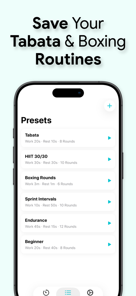 Interval Timer Pro: Tabata - Una lista de preseteos de entrenamiento guardados para rutinas de Tabata HIIT y boxeo en la pantalla de un teléfono móvil