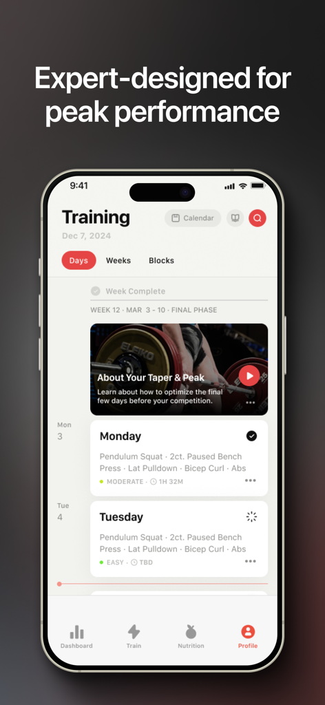 Evolve Training App - Oberfläche der Evolve Training App mit einem detaillierten wöchentlichen Trainingsplan für Spitzenleistungen.