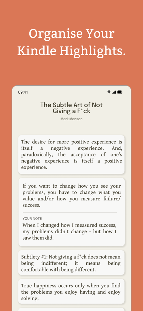 2Read: AI Kindle Reading Buddy - Interfaz de aplicación móvil que muestra resaltados de Kindle organizados y notas personales de un libro.