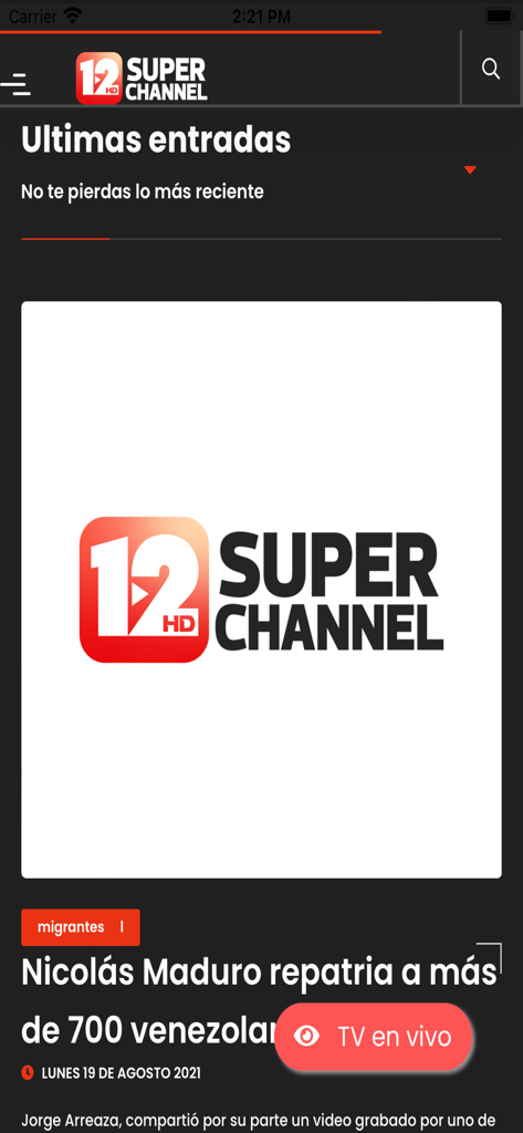 Super Channel 12 - Interface of the Super Channel 12 app showing latest news articles and a live TV button