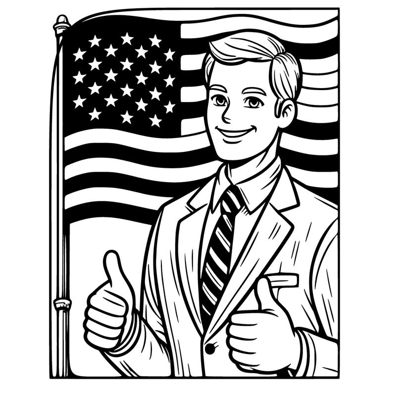 an american flag with donald trump standing infront of it with 2 thumbs up