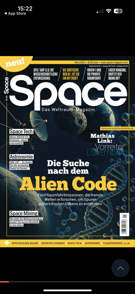 Space Magazin - Digital cover of Space Magazin app featuring the headline Die Suche nach dem Alien Code with asteroids and DNA graphics