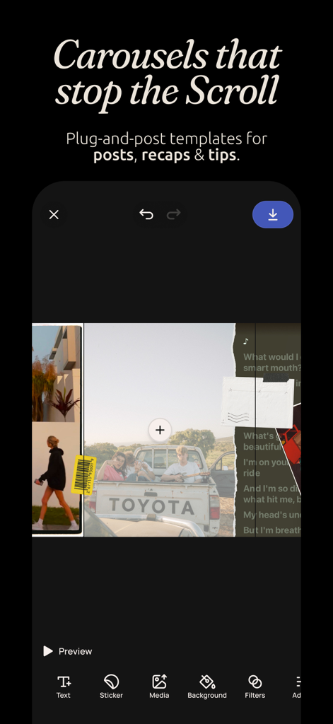 Templify・ Photo & Video Editor - Interface of the Templify app showing a carousel post editor with aesthetic photo templates and editing tools.