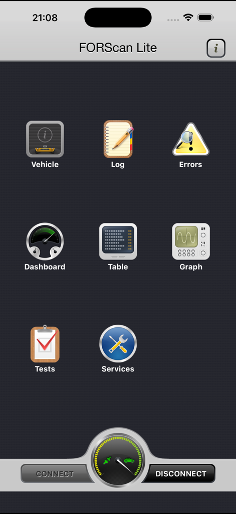 FORScan Lite - for Ford, Mazda - FORScan Lite app home screen displaying diagnostic icons for Vehicle, Log, Errors, Dashboard, and Services.