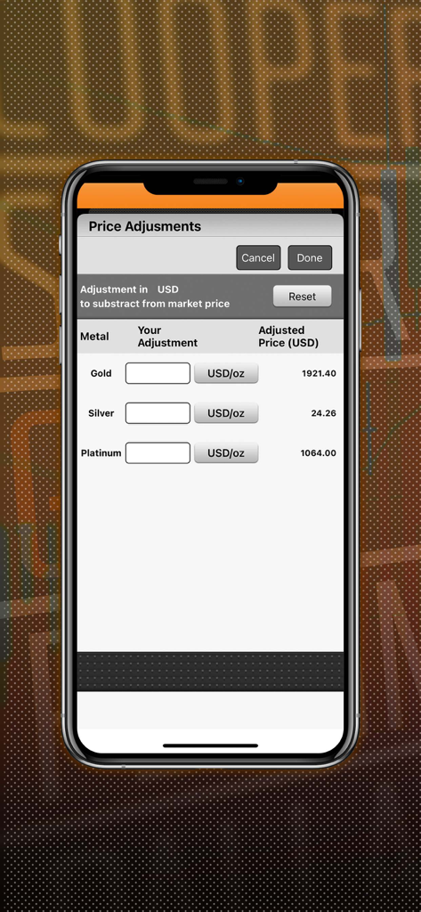 The ScrapIt app interface showing the Price Adjustments screen for gold silver and platinum in USD