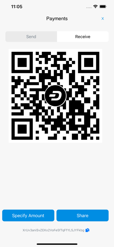 Tela Dash Wallet mostrando um código QR para receber pagamentos de criptomoedas.