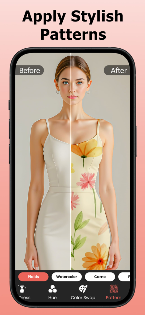 Recolor Dress & Clothes Colour - A before and after comparison showing a plain white dress transformed with a floral pattern using the app.