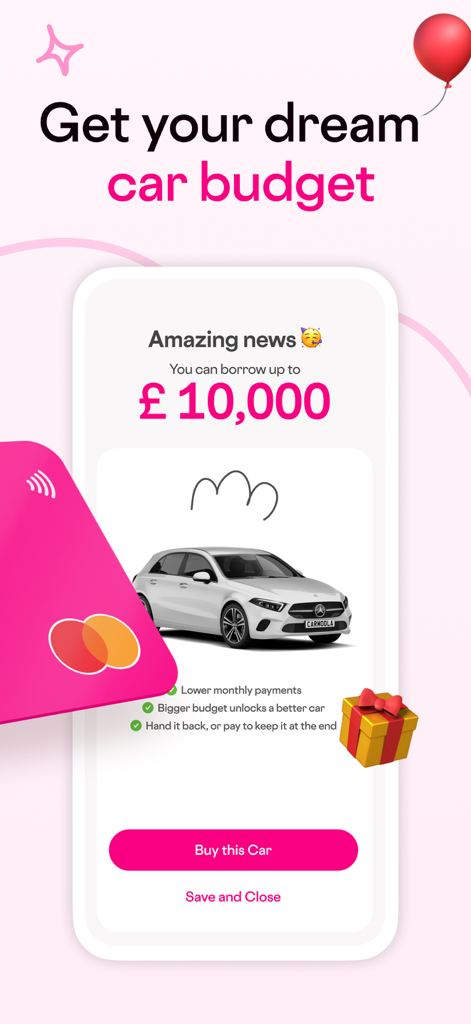 Carmoola app screen showing a 10,000 pound car loan budget approval with a white car and a pink digital card.