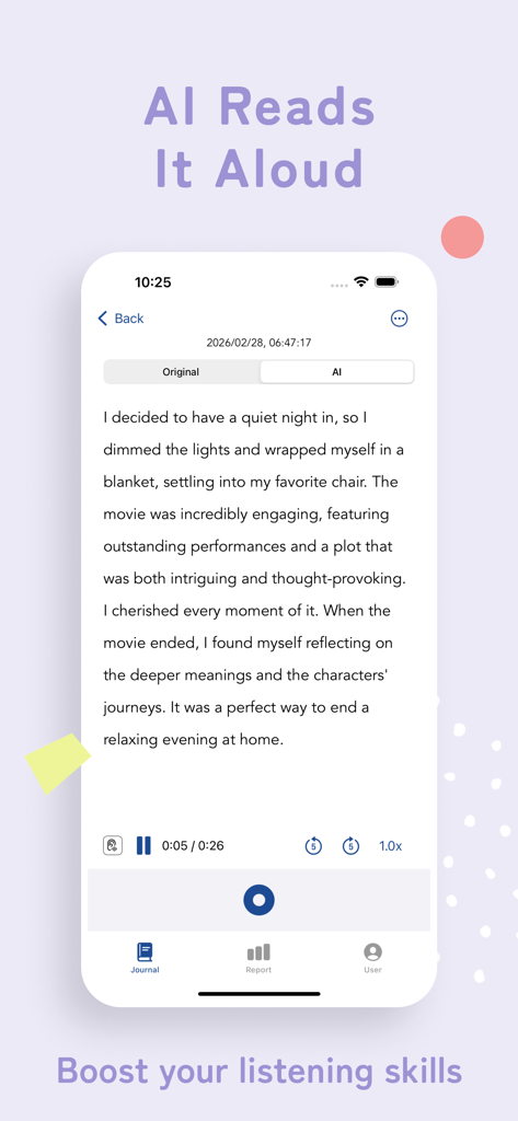 Lingualog - AI English Diary - Lingualog app interface showing an English diary entry being read aloud by AI for listening skills practice
