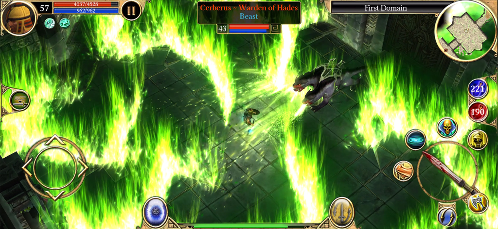 Titan Quest: Legendary Edition - Hero battling Cerberus amidst green flames in Titan Quest Legendary Edition