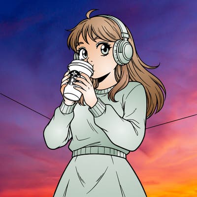 teenager with headphones on and wearing a plain sweater and a plain skirt drinking starbucks with a plain background