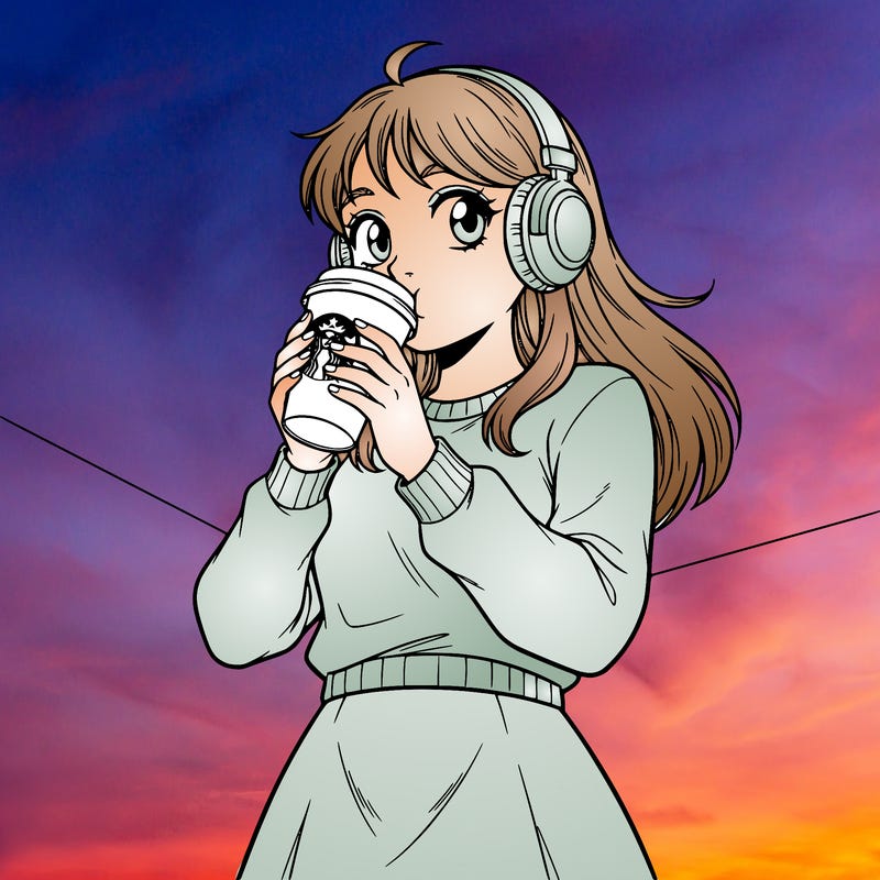 teenager with headphones on and wearing a plain sweater and a plain skirt drinking starbucks with a plain background
