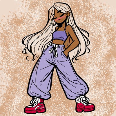 girl in baggy pants crop top and long hair