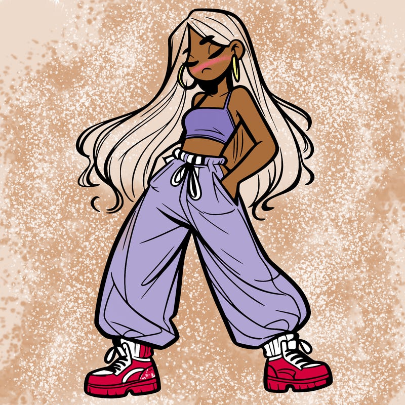 girl in baggy pants crop top and long hair