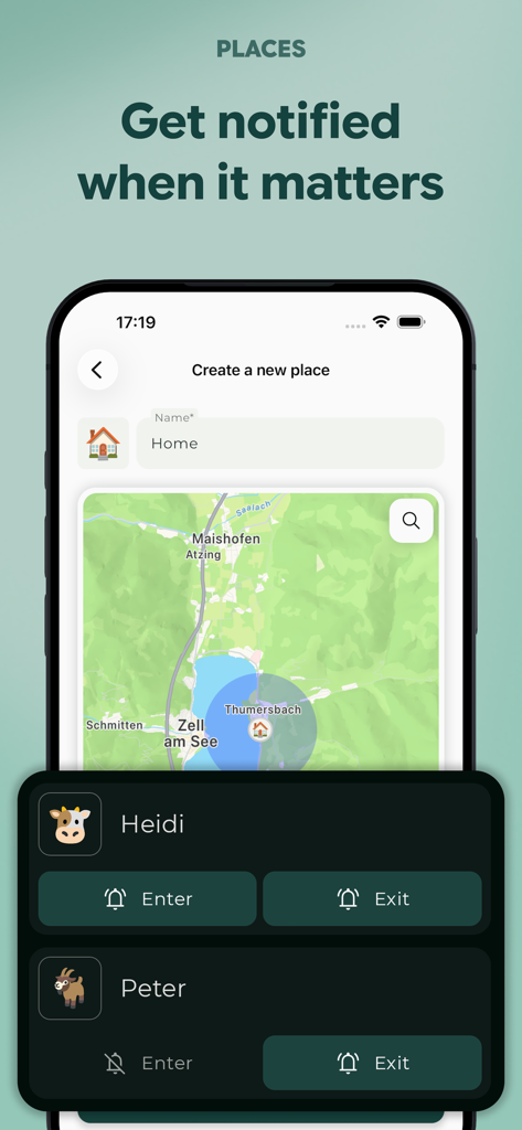 Paralino: Secure Phone Tracker - Paralino app interface for creating a new place and setting up enter and exit notifications for family members