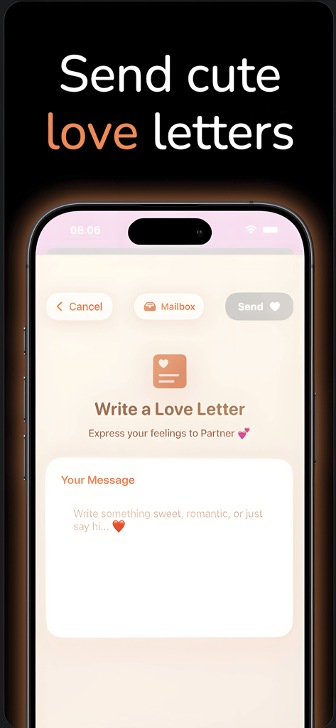 하트페어 앱의 모바일 화면은 아늑한 미학을 가진 사랑의 편지 작성 인터페이스를 보여줍니다.