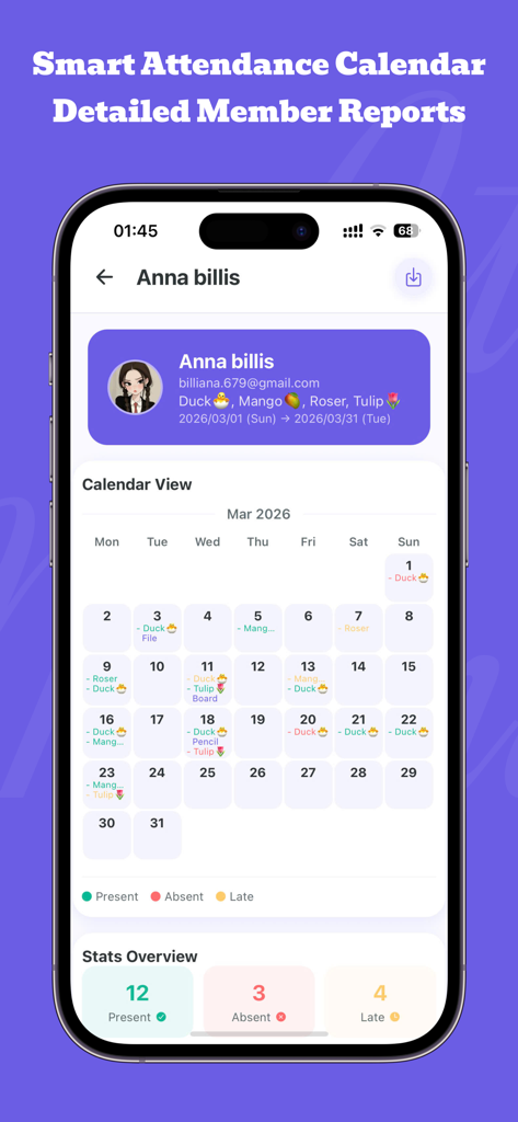 Attendance Manager 2 - Mobile app screen displaying a member attendance report with a monthly calendar view and status summary statistics