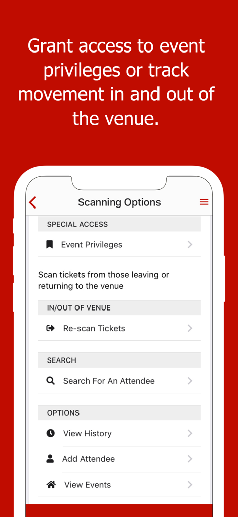 Event Ticket Scanner app interface showing options for event privileges and tracking venue entry and exit