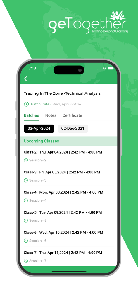 Programação de próximas aulas de trading de análise técnica no aplicativo móvel GTF