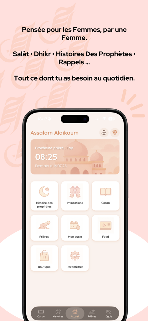 Ihsan - Salat & Dhikr - Home screen of the Ihsan app showing religious and lifestyle features for Muslim women