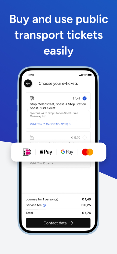Interface of the 9292 travel planner app showing e-ticket selection and integrated payment options like Apple Pay and Google Pay.